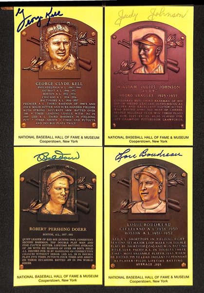 Lot Of 4 Signed HOF Plaque Cards w. Judy Johnson, George Kell, Bobby Doerr, Lou Boudreau 